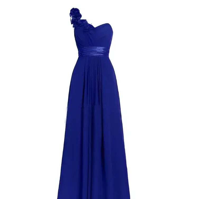 A royal blue sleeveless maxi dress with a slanted neck, pleated skirt, and embellished floral shoulder detail