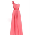 Coral one-shoulder evening gown with floral embellishments and satin sash, inspired by lavender multi colored sleeveless maxi dress