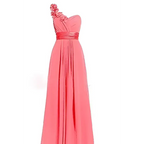 Coral one-shoulder evening gown with floral embellishments and satin sash, inspired by lavender multi colored sleeveless maxi dress