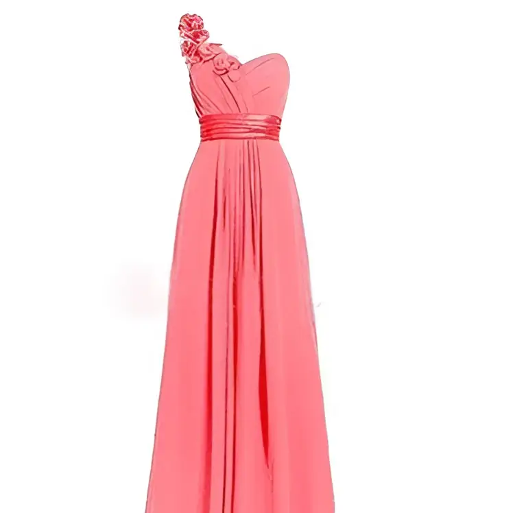 Coral one-shoulder evening gown with floral embellishments and satin sash, inspired by lavender multi colored sleeveless maxi dress