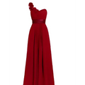 A flowing crimson red one-shoulder gown with fitted bodice floral shoulder embellishment and pleated skirt, sleeveless maxi dress