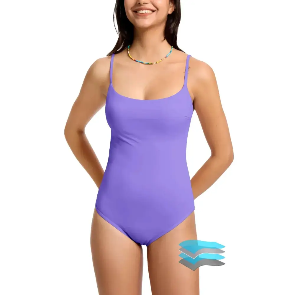 A solid lavender period swimwear one piece with thin spaghetti straps and a square neckline for menstrual cups use