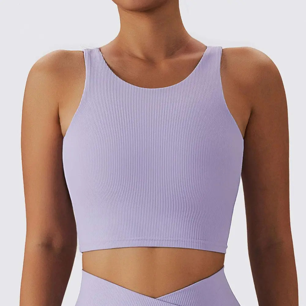 Lavender ribbed breathable running sports bra with a round neckline and thin straps for quick dry comfort