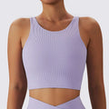 Lavender ribbed breathable running sports bra with a round neckline and thin straps for quick dry comfort