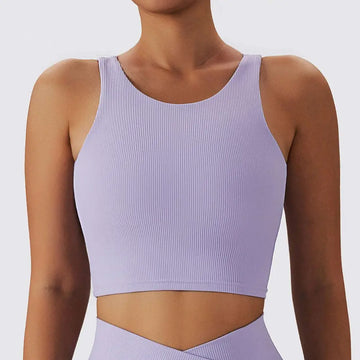 Lavender ribbed breathable running sports bra with a round neckline and thin straps for quick dry comfort