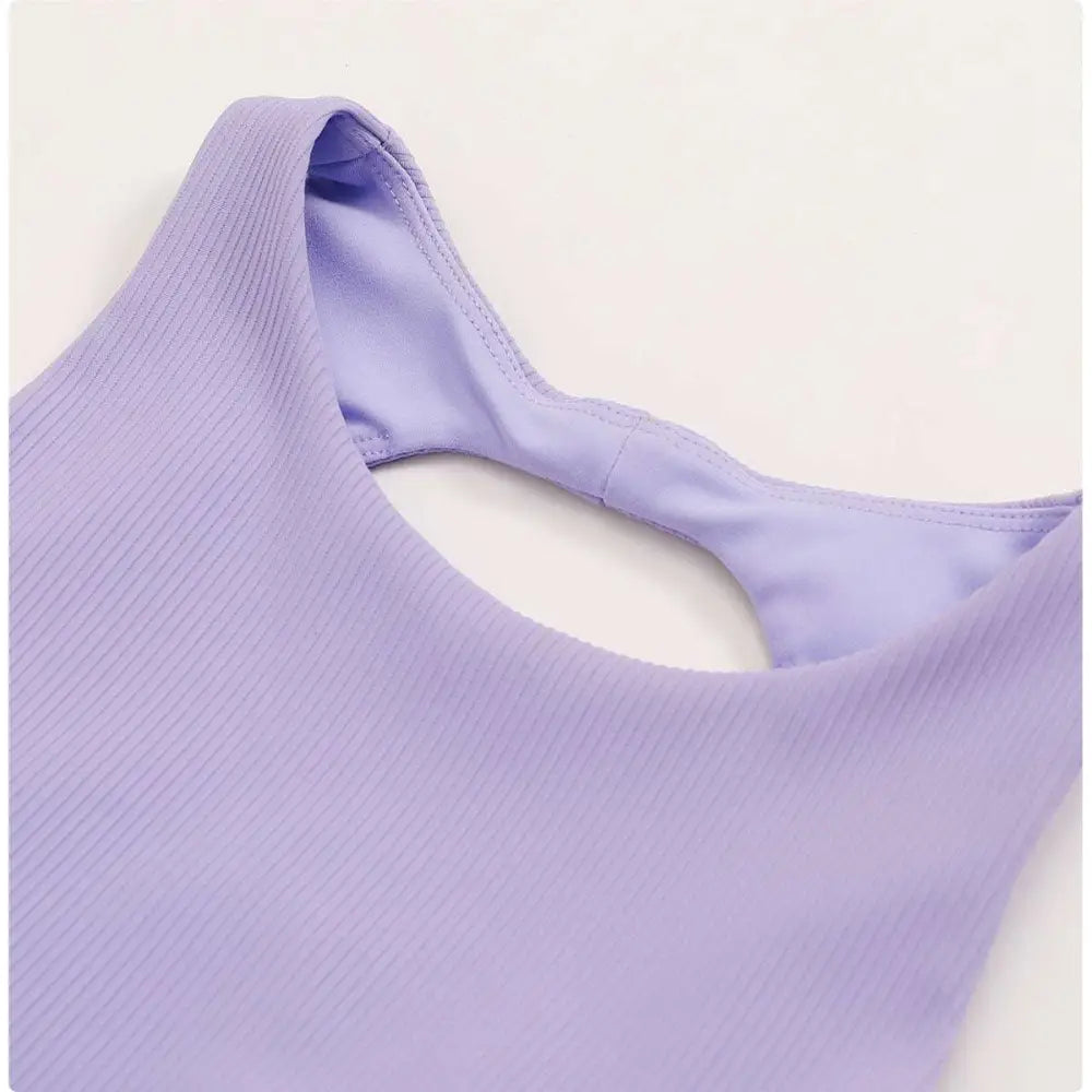 Lavender ribbed running sports bra with breathable quick dry fabric and a cutout neckline for enhanced comfort