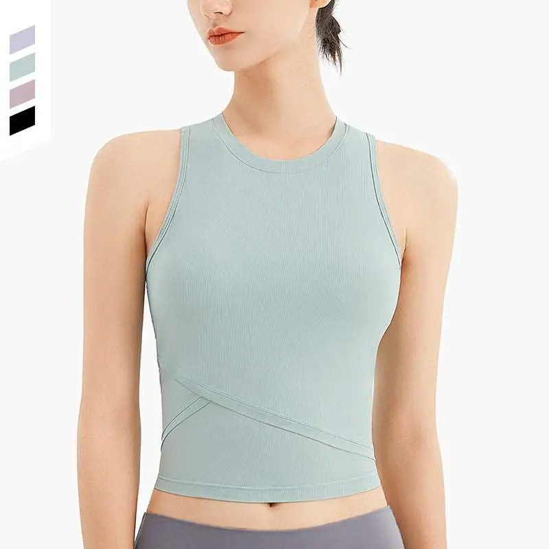 Lavender ribbed sleeveless fitness vest with chest pad featuring a light blue ribbed athletic crop top design