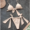 Beige triangle lavender ruched split bikini swimsuit with tied side bow details and ruched waistband for swimwear