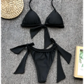 Black triangle lavender ruched split bikini swimsuit with tied side bows and stylish ruched waistband detail