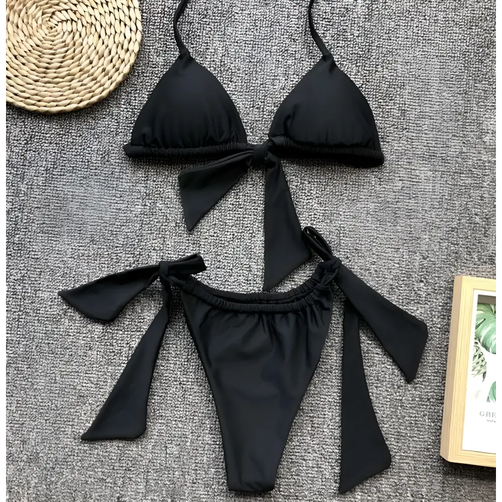 Black triangle lavender ruched split bikini swimsuit with tied side bows and stylish ruched waistband detail
