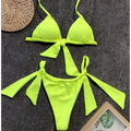 Lavender ruched split bikini swimsuit featuring a bright neon green triangle top with tied side bow details