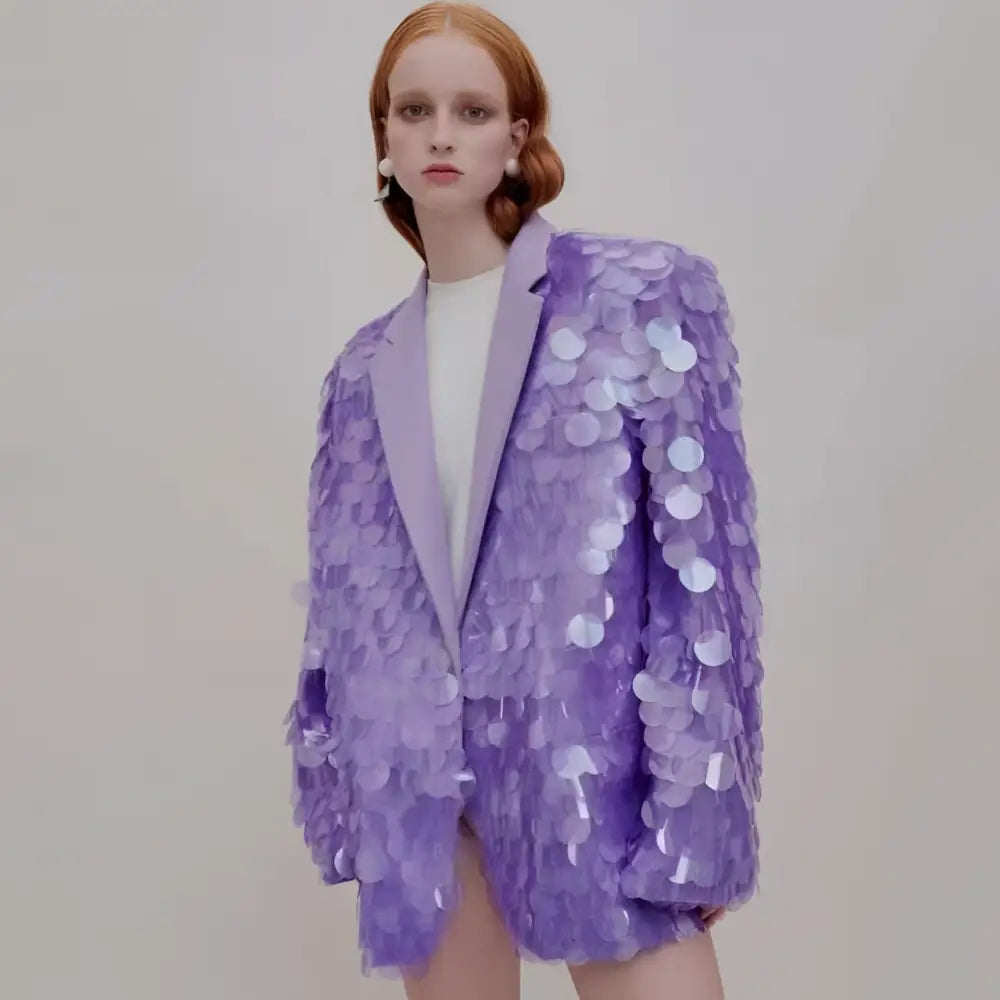 Lavender sequin fashion suit blazer with structured silhouette and satin lapels ideal for high dinner party events