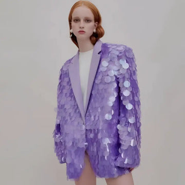 Lavender sequin fashion suit blazer with structured silhouette and satin lapels ideal for high dinner party events