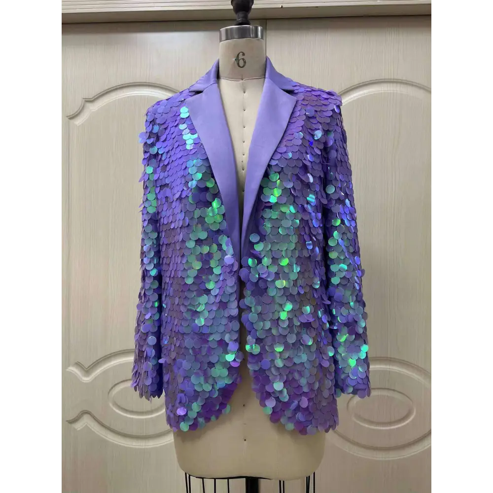 Lavender sequin fashion suit blazer with structured silhouette and satin lapels ideal for high dinner party events