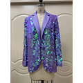 A shimmering lavender sequin fashion suit blazer with iridescent green and blue accents for high dinner party wear