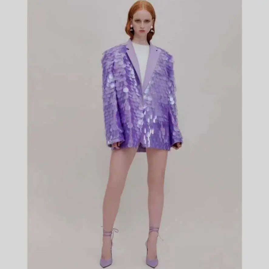 Lavender sequin fashion suit blazer with structured oversized fit and long sleeves ideal for high dinner party