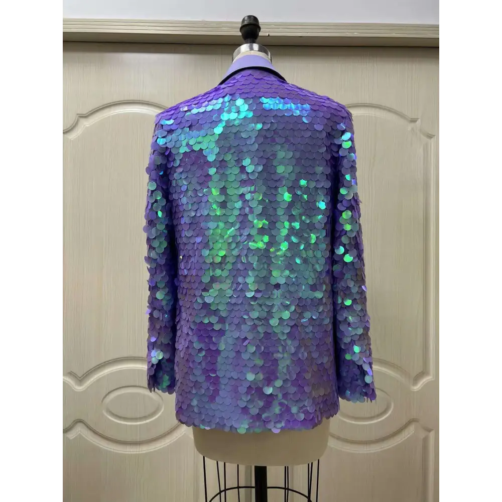 Lavender sequin fashion suit blazer with shimmering purple and teal sequins, sleek design perfect for high dinner party