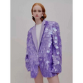 Lavender sequin fashion suit blazer with structured silhouette and satin lapels perfect for high dinner party events