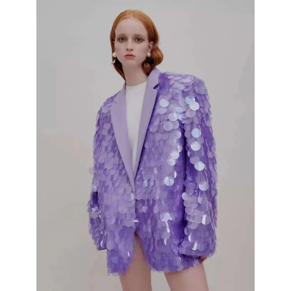 Lavender sequin fashion suit blazer with structured silhouette and satin lapels perfect for high dinner party events