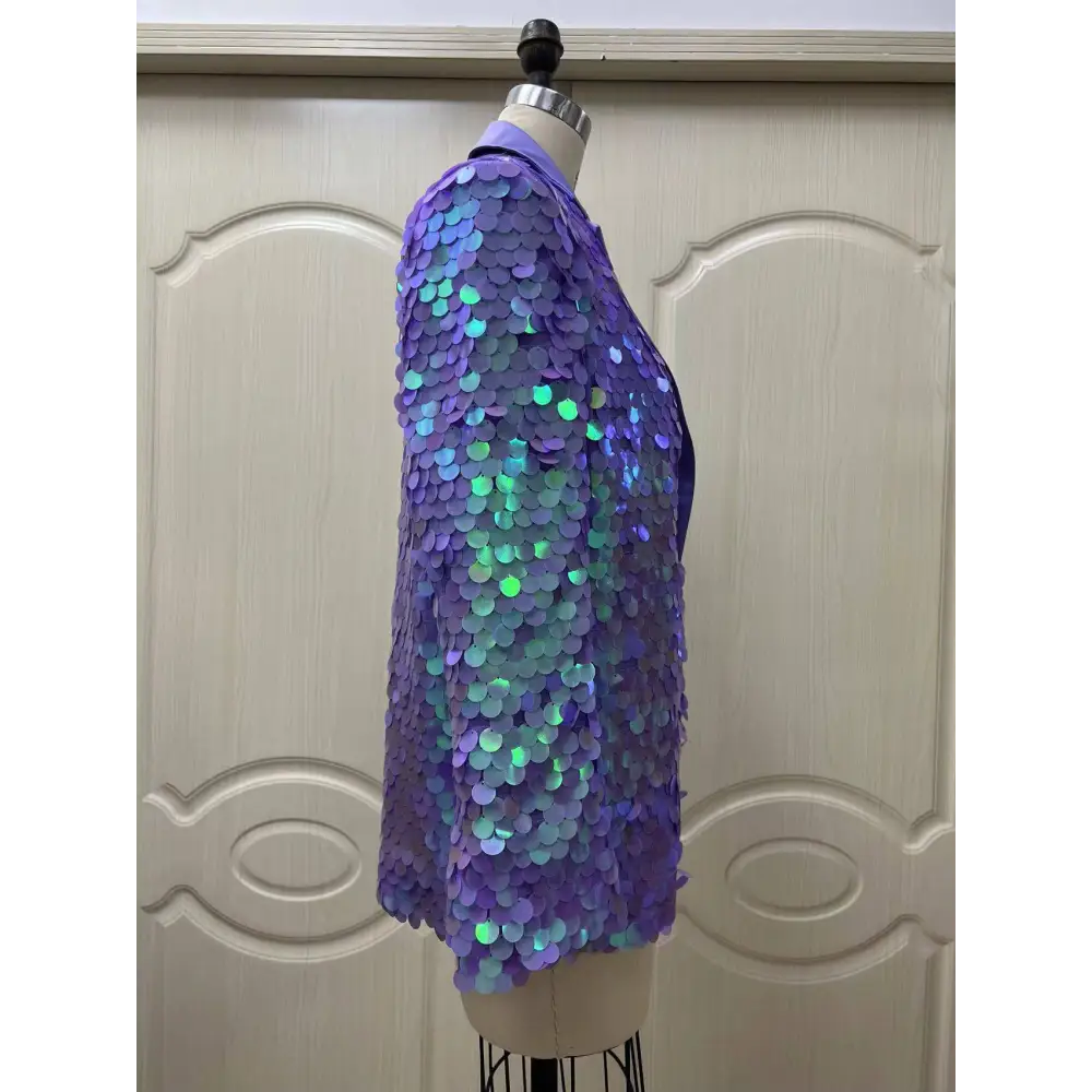 Lavender sequin fashion suit blazer in shimmering purple with iridescent metallic discs for high dinner party wear