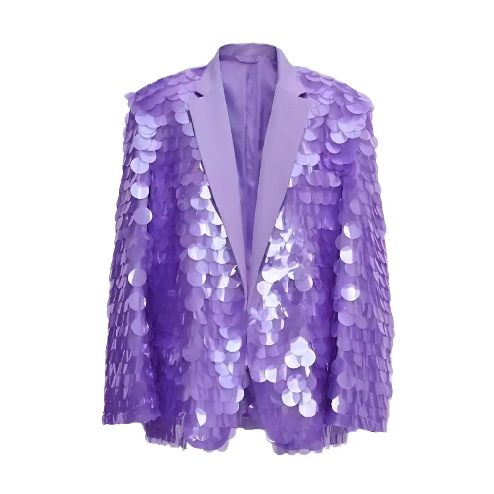 Lavender sequin fashion suit blazer with satin lapel and reflective embellishments ideal for high dinner party wear
