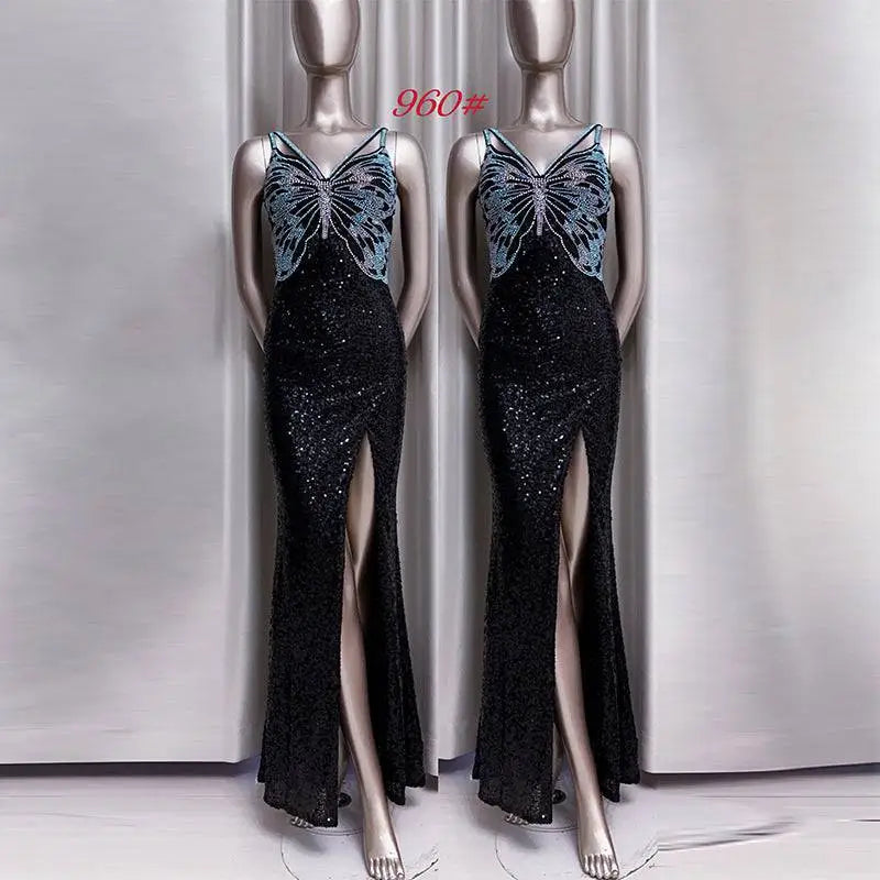 Lavender sequined evening mermaid gown featuring a black sequined bodice with a sparkling butterfly embellishment and high slit