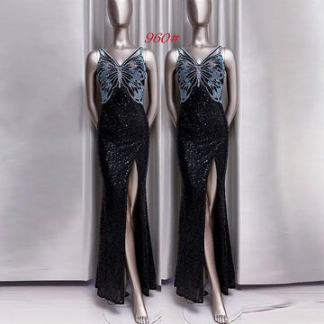 Lavender sequined evening mermaid gown featuring a black sequined bodice with a sparkling butterfly embellishment and high slit
