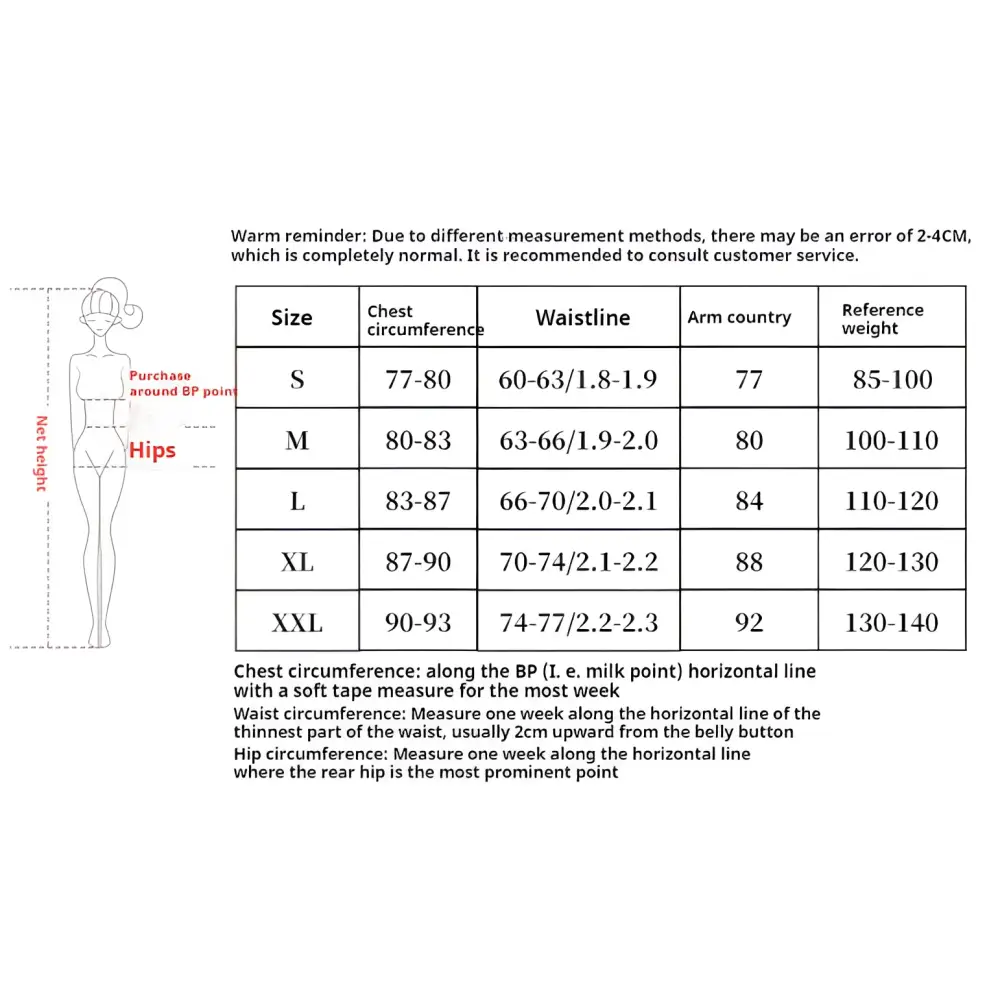 Size chart for a lavender sequined evening mermaid gown with high slit showing measurements in centimeters s to xxl