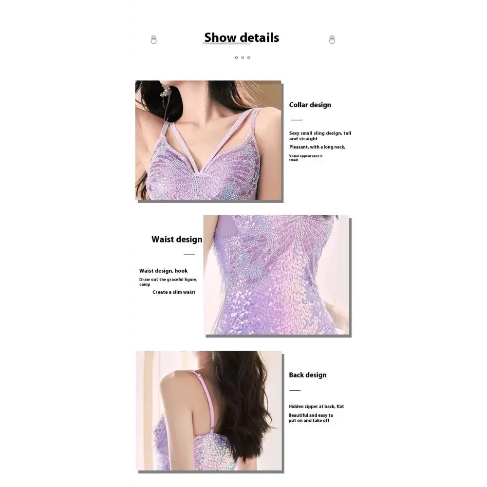 A lavender sequined evening mermaid gown with delicate spaghetti straps and a high slit