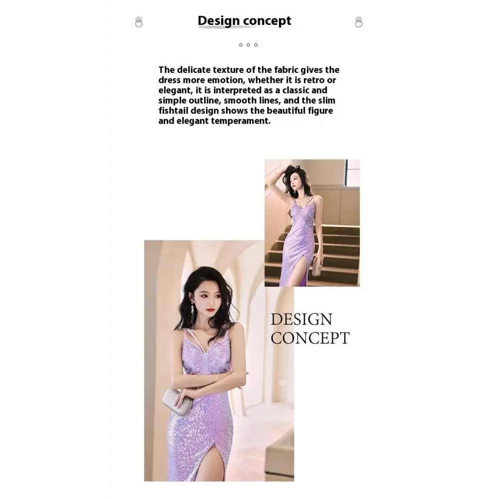A shimmering lavender sequined evening mermaid gown with a sleek silhouette and a high slit