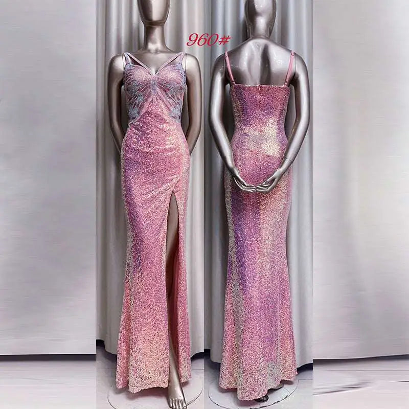 Lavender sequined evening mermaid gown with fitted bodice and high slit displayed on silver mannequins