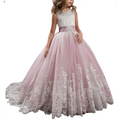 Lavender tulle lace wedding dress for children featuring delicate white lace detailing and matching satin sash