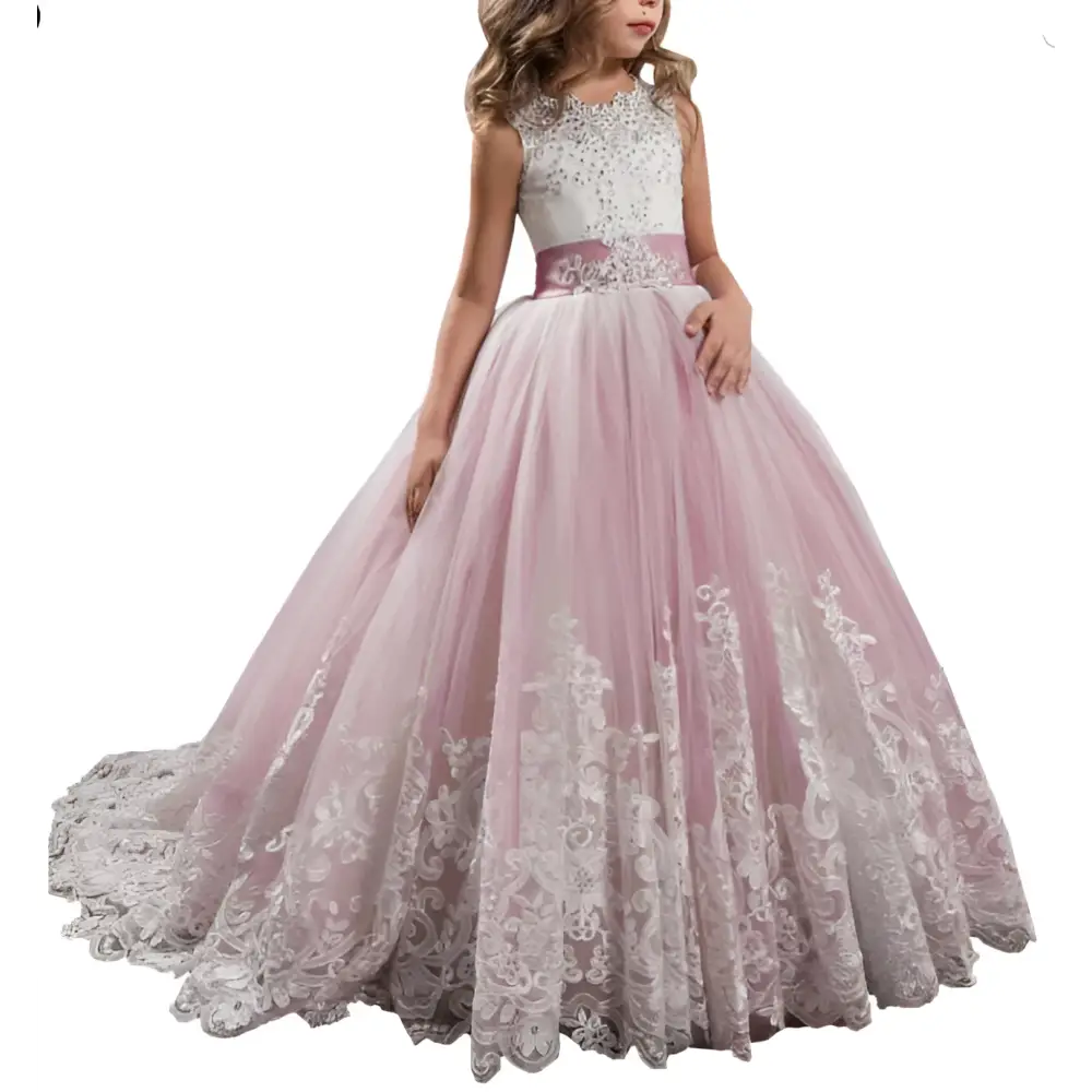 Lavender tulle lace wedding dress for children featuring delicate white lace detailing and matching satin sash