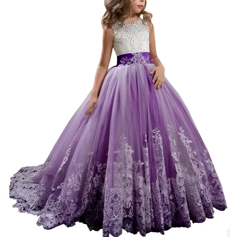 A young woman wears a lavender tulle lace wedding dress with an embellished white bodice and intricate skirt details