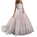 Lavender tulle lace wedding dress for children featuring a delicate pink and white lace bodice with sparkling embellishments