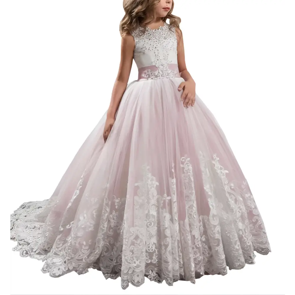 Lavender tulle lace wedding dress for children featuring a delicate pink and white lace bodice with sparkling embellishments