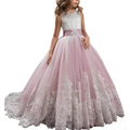 Delicate lavender tulle lace wedding dress for children with fitted bodice and voluminous skirt in light blue clothing style