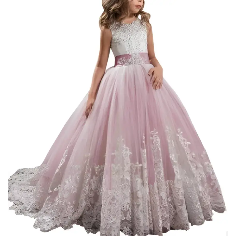 Delicate lavender tulle lace wedding dress for children with fitted bodice and voluminous skirt in light blue clothing style
