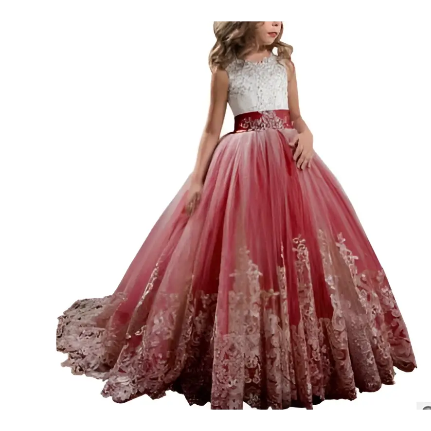A girl wears a lavender tulle lace wedding dress with an ivory lace bodice and embroidered red to dusty rose skirt