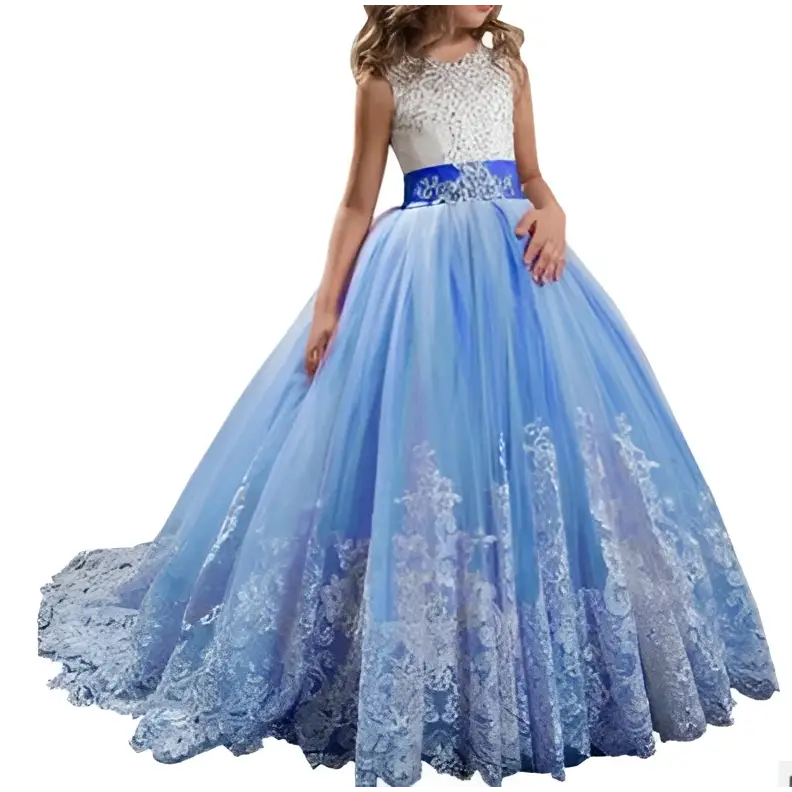Lavender tulle lace wedding dress for children in shimmering light blue with beaded bodice and lace skirt detailing