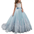 Light blue lace wedding dress with fitted bodice, voluminous tulle skirt, and embroidered waistband for children