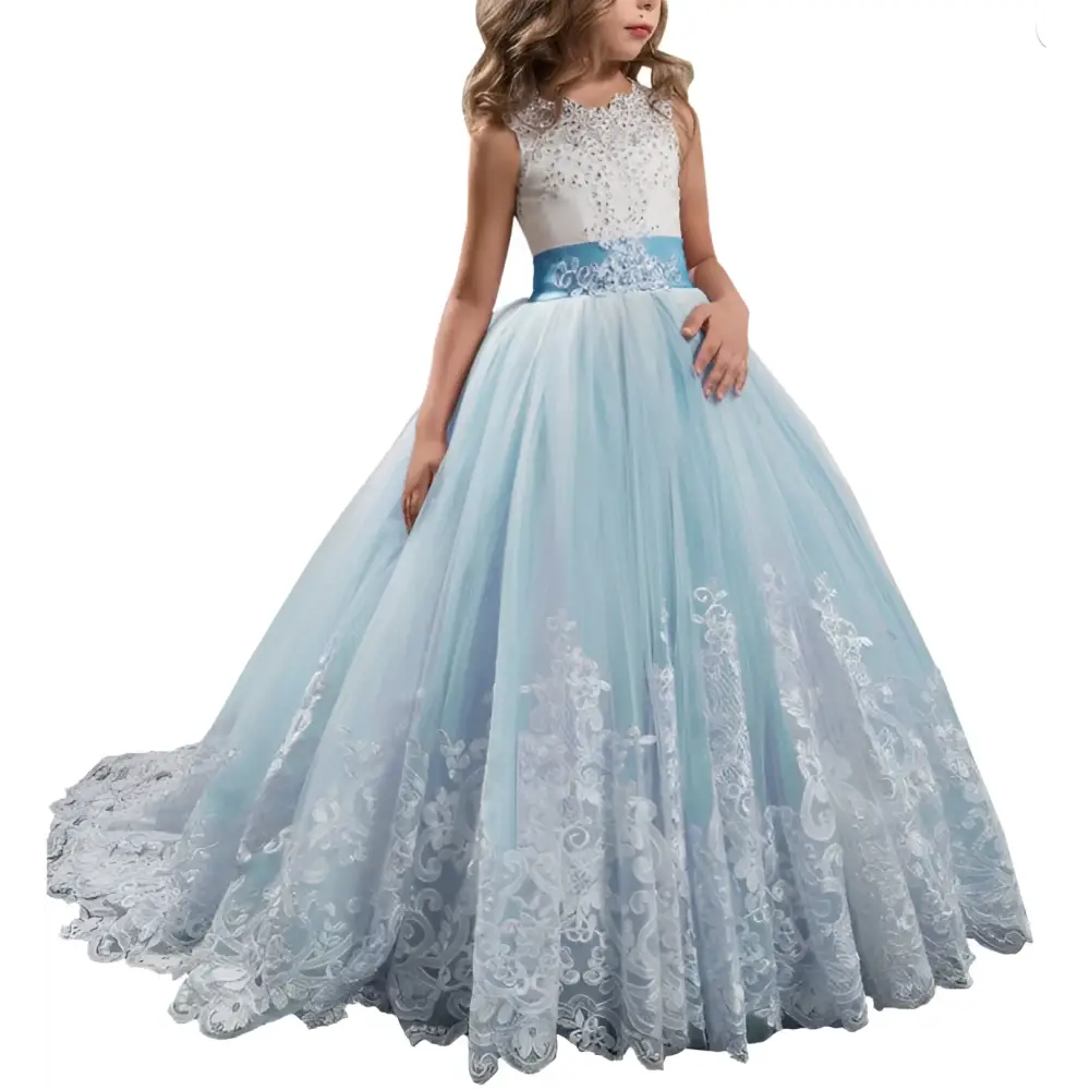 Light blue lace wedding dress with fitted bodice, voluminous tulle skirt, and embroidered waistband for children