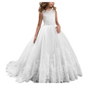 White lace wedding dress for children with fitted bodice and floral embroidery in lavender tulle lace material