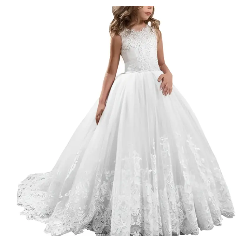 White lace wedding dress for children with fitted bodice and floral embroidery in lavender tulle lace material
