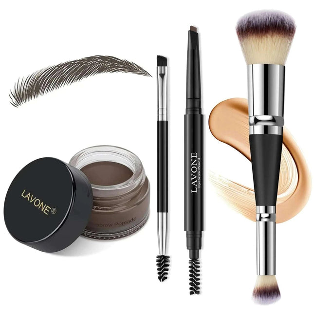 LAVONE Eyebrow Pencil Makeup Kit for Eyebrow Makeup Make up Brow Kit with Waterproof Eyebrow Pencil Eyebrow Pomade Foundation & Concealer Brush and Dual - ended Eyebrow Brush - Black Brown - Royalessencelux