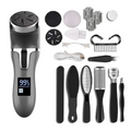 Silver lcd digital electric foot file with 99% power display includes black and white attachments and charging cable
