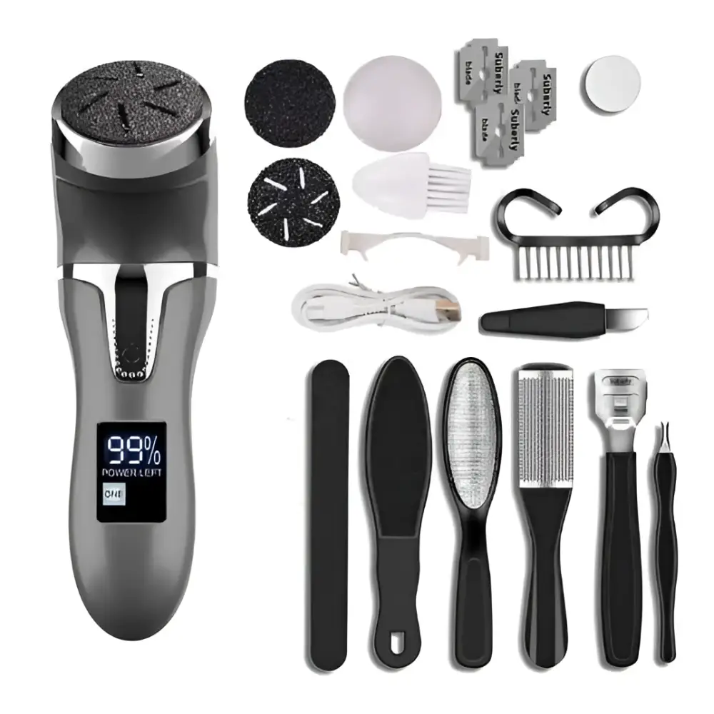 Silver lcd digital electric foot file with 99% power display includes black and white attachments and charging cable