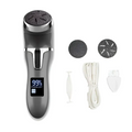 Silver lcd digital electric foot scrubber with a digital display showing 99 percent power left and interchangeable attachments