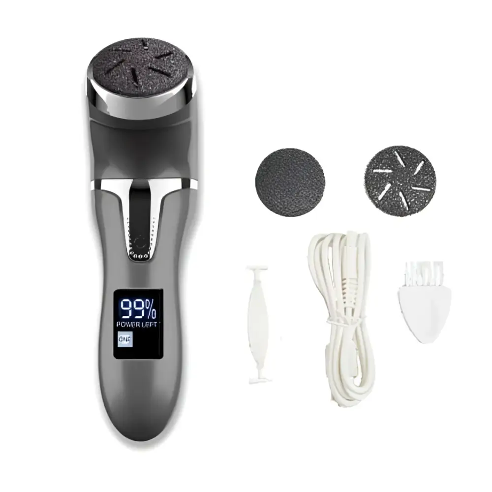 Silver lcd digital electric foot scrubber with a digital display showing 99 percent power left and interchangeable attachments