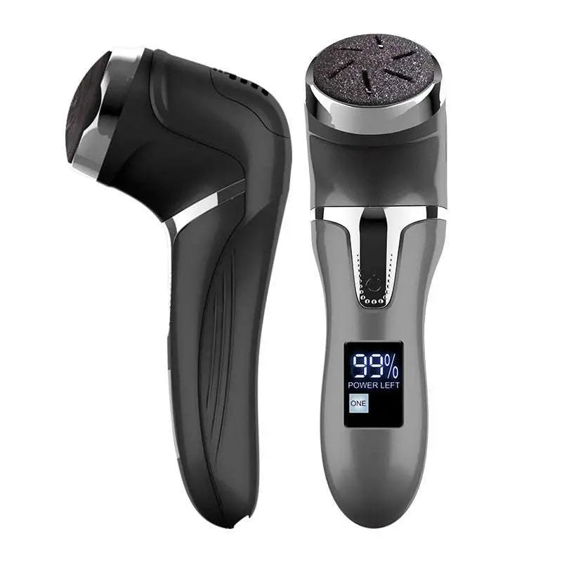 Black and silver electric foot scrubber with textured grinding surface and silver lcd digital display showing 99 percent power